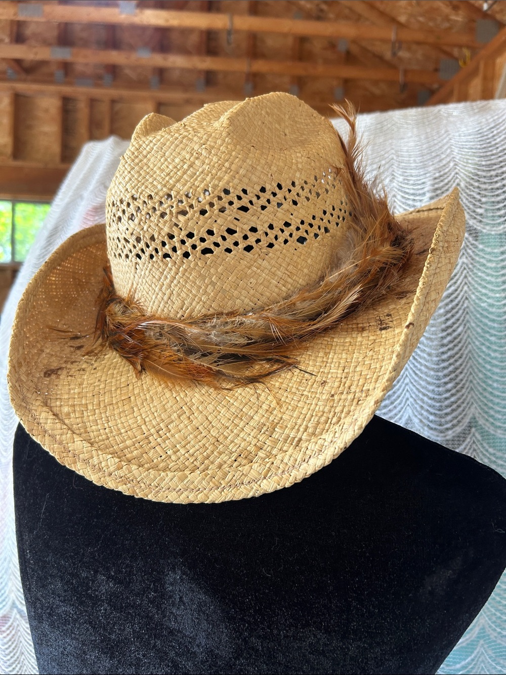 Shady Brady- Straw Cowboy Hat with Feather Band - Natural